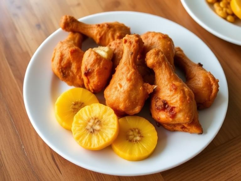 4 piezas de pollo frito con tostones