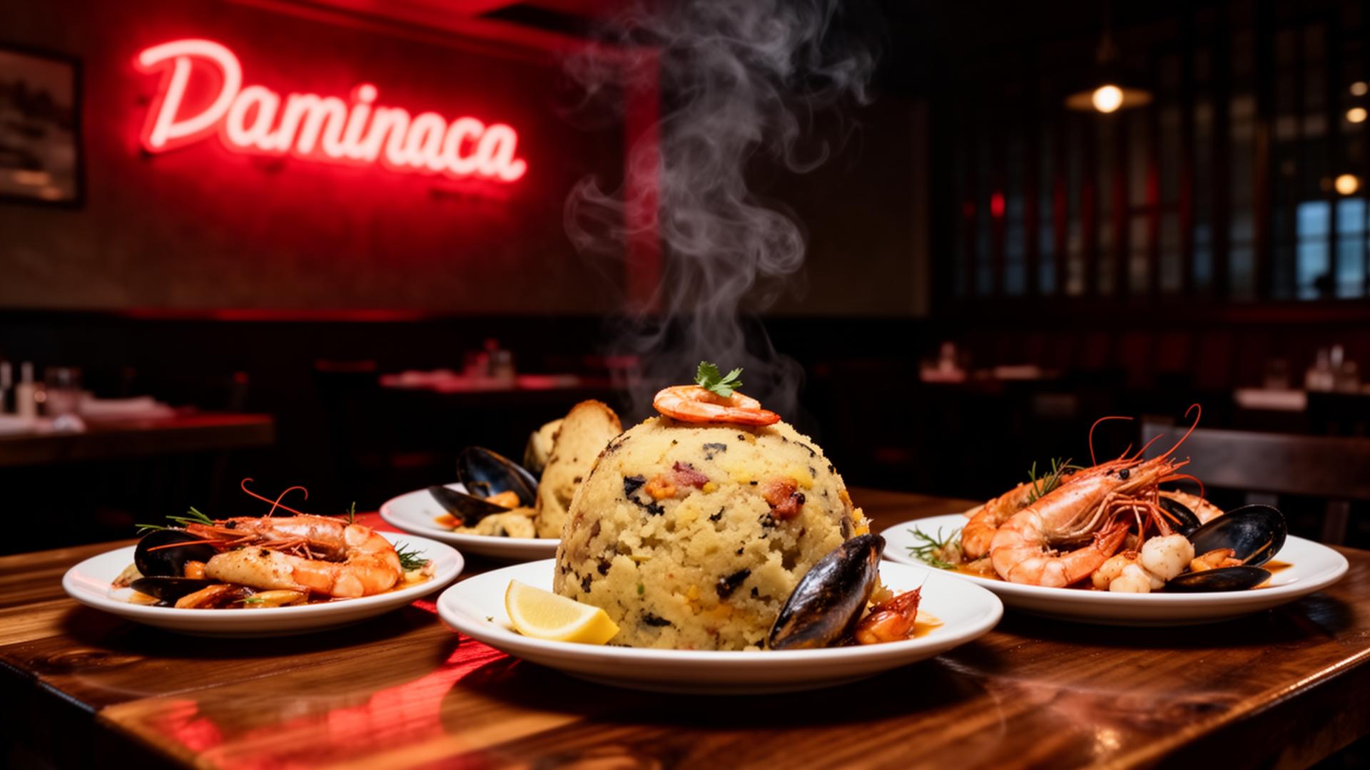 Mesa con mariscos y mofongo en Restaurante Segura
